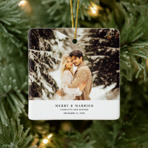 Modern Minimalist Photo Merry & Married Ceramic Ornament