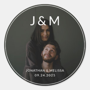 Modern Minimalist Photo Monogram Wedding Classic Round Sticker