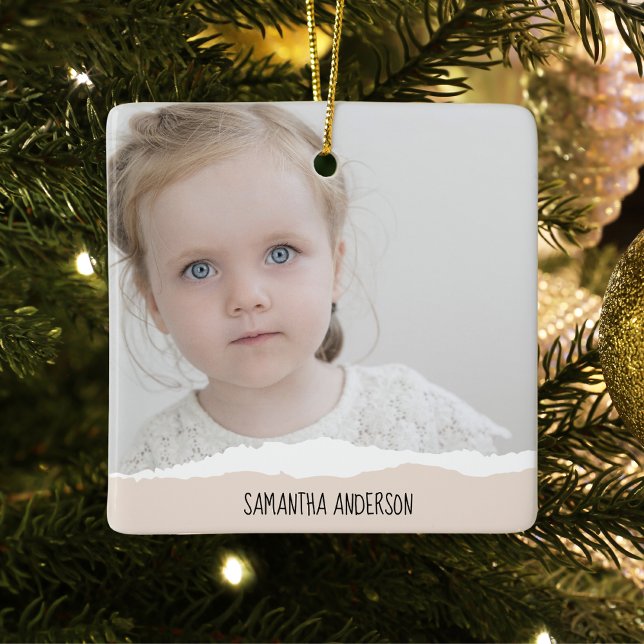 Modern Minimalist Photo & Perosnalized Text Pink Ceramic Ornament (Creator Uploaded)