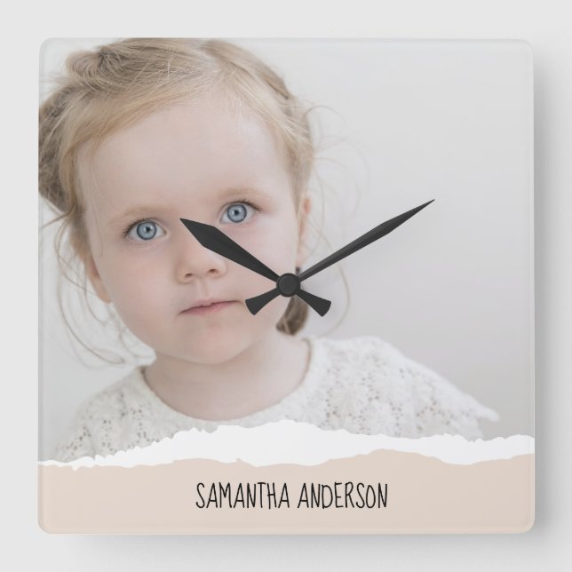 Modern Minimalist Photo & Perosnalized Text Pink Square Wall Clock (Front)