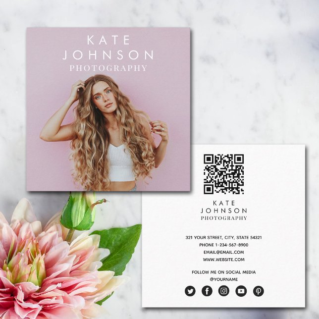 Modern Minimalist Photo QR Code Social Media Square Business Card (Creator Uploaded)