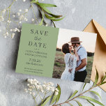 Modern minimalist photo sage wedding save date<br><div class="desc">Trendy elegant budget wedding save the date announcement photo budget card (NO ENVELOPES INCLUDED) with modern typography script and your custom image over a sage green simple background. Easy to personalise with your engagement picture and details! You have the possibility to change the colours of the script to match your...</div>