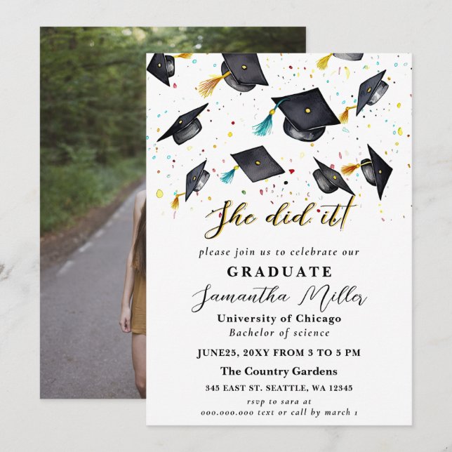 Modern Minimalist Photo She Did It Graduation Invitation (Front/Back)