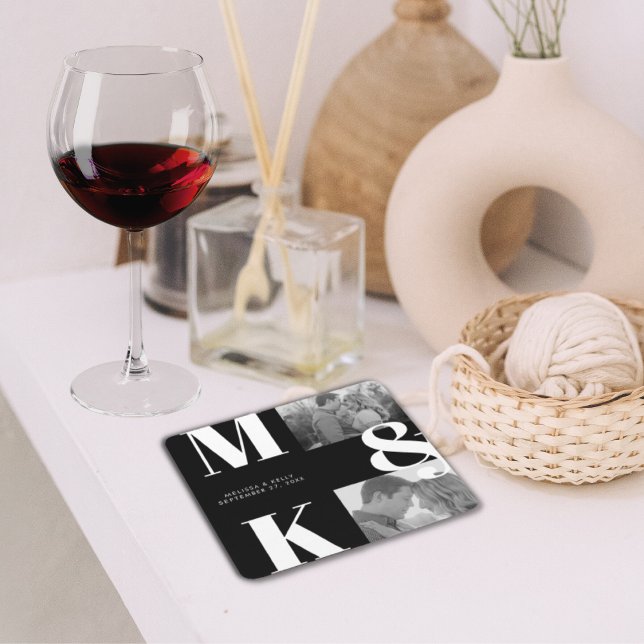 Modern Minimalist Photo Wedding Bold Monogram Square Paper Coaster (Creator Uploaded)