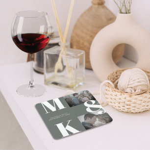 Modern Minimalist Photo Wedding Bold Monogram Square Paper Coaster