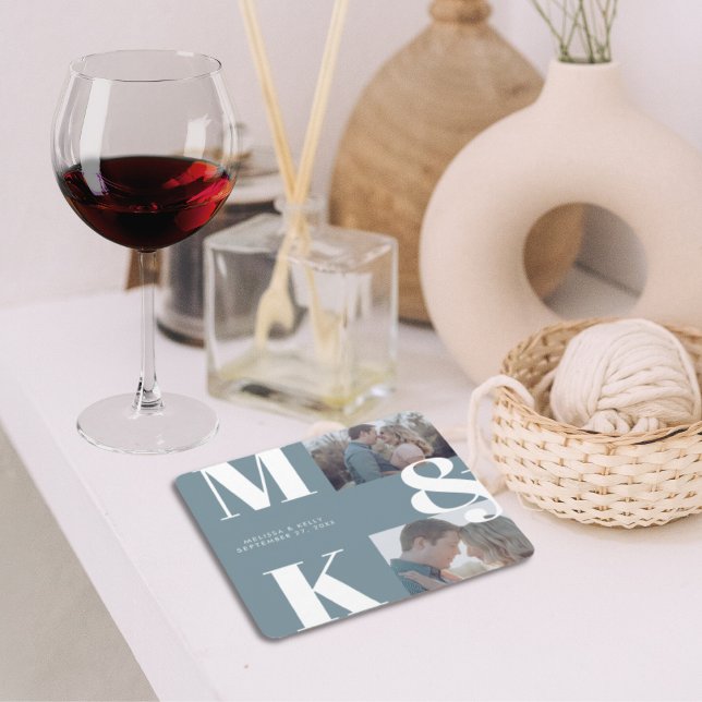 Modern Minimalist Photo Wedding Bold Monogram Square Paper Coaster (Creator Uploaded)