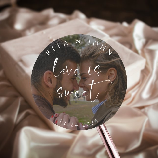 Modern Minimalist Photo Wedding Love is Sweet Classic Round Sticker (Creator Uploaded)