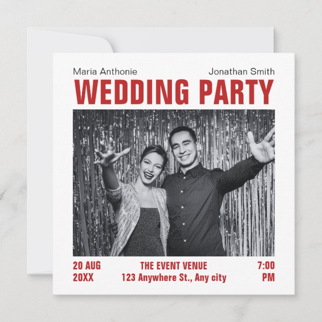 Modern minimalist photo wedding party invitation (Front)