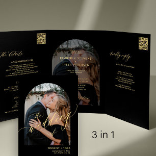 Modern minimalist photo wedding rsvp details black Tri-Fold invitation