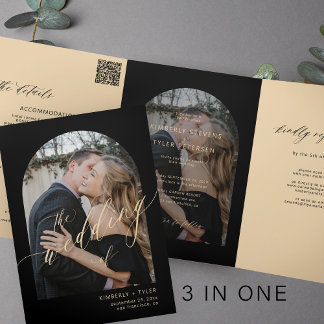Modern minimalist photo wedding rsvp details black Tri-Fold invitation