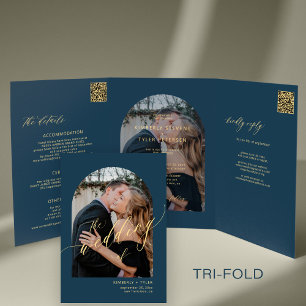 Modern minimalist photo wedding rsvp details navy Tri-Fold invitation