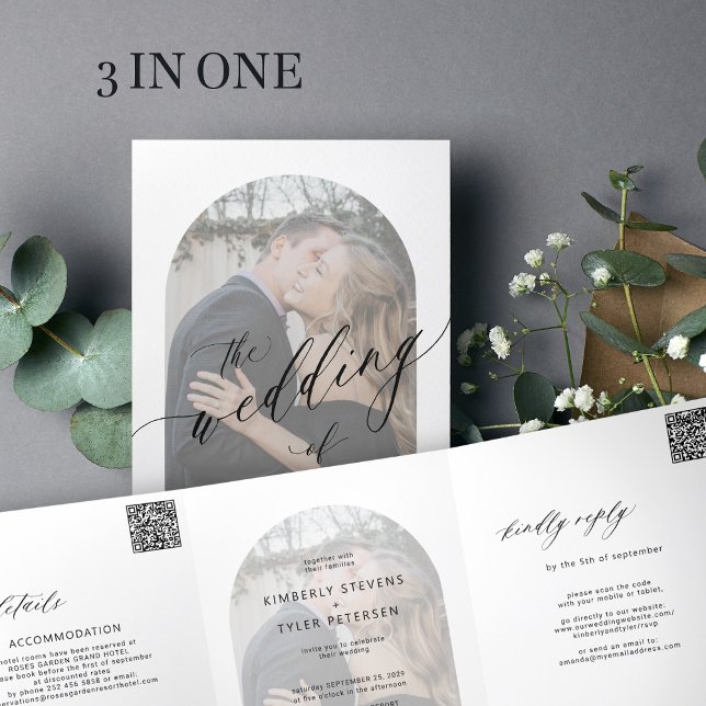 Modern minimalist photo wedding rsvp details Tri-Fold invitation (Creator Uploaded)