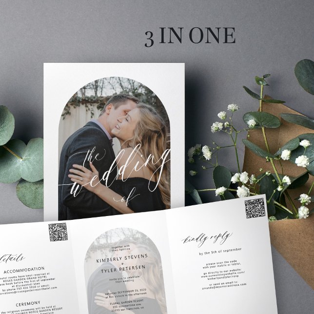 Modern minimalist photo wedding rsvp details Tri-Fold invitation (Creator Uploaded)
