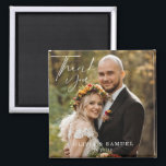 Modern Minimalist Photo Wedding Thank You Magnet<br><div class="desc">The wedding thank you magnet features a modern minimalist bride and groom in autumn season,  colourful foliage in the background. Beautiful handwritten thank you text. The magnet includes the couple's names,  and their wedding date. Great wedding magnet favour for their special day in a simple and heartfelt way.</div>