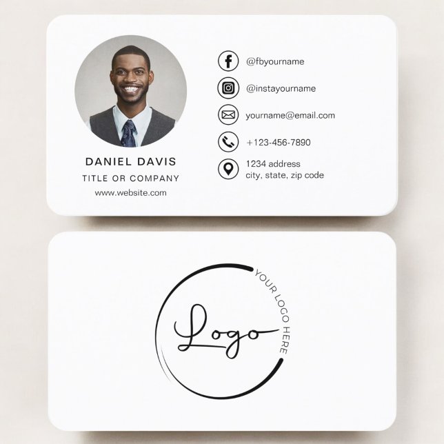 Modern Minimalist Photo with Social Media Icons Business Card (Creator Uploaded)