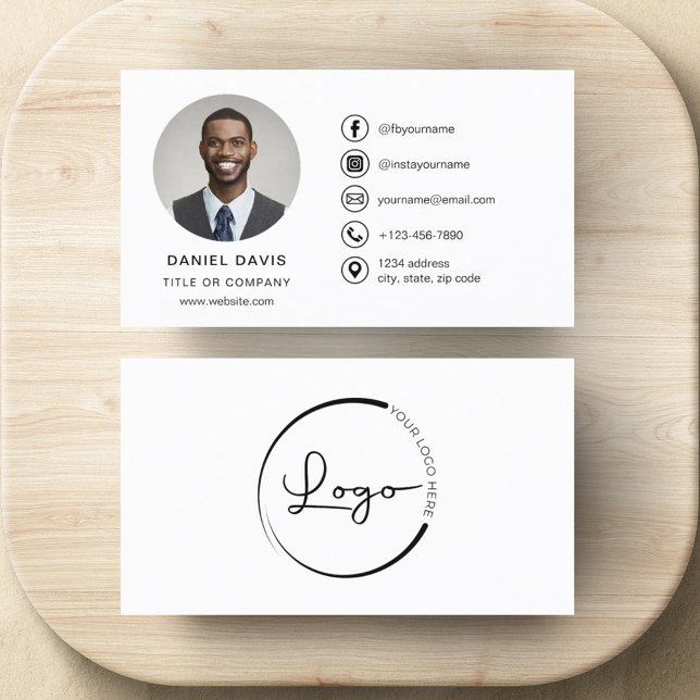 Modern Minimalist Photo with Social Media Icons Business Card (Creator Uploaded)