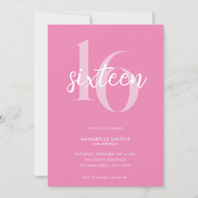 Modern Minimalist Pink 16th Birthday Invitation (Front)