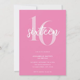 Modern Minimalist Pink 16th Birthday Invitation