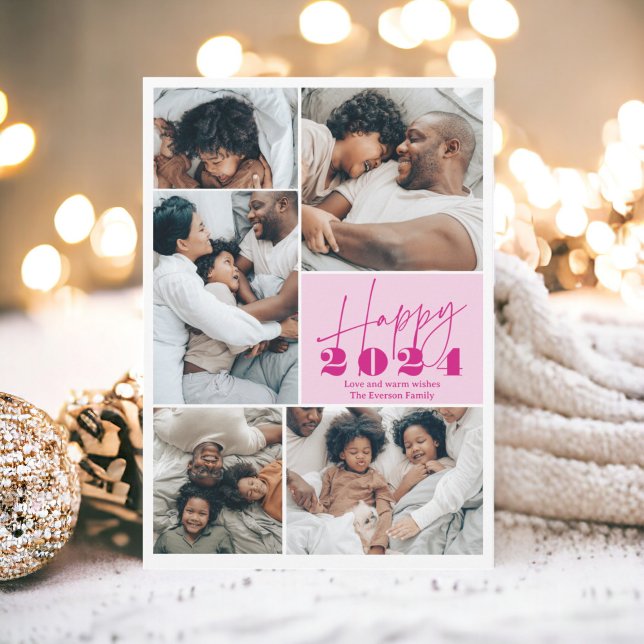 Modern minimalist pink 6 photos Happy 2024 Holiday Card (Modern minimalist pink 6 photos Happy 2024 Holiday Card)