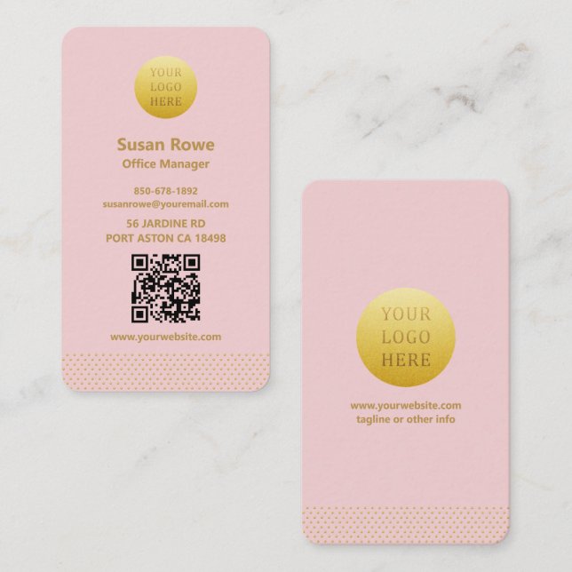 Modern Minimalist Pink and Gold Dots QR Code Business Card (Front/Back)