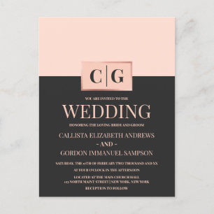 Modern Minimalist Pink Black Colour Block Wedding Invitation Postcard