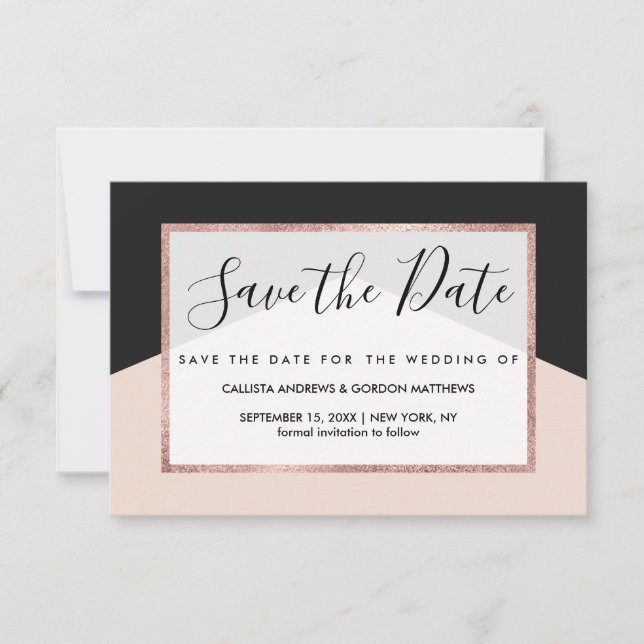 Modern Minimalist Pink Black Triangle Geometric Save The Date (Front)