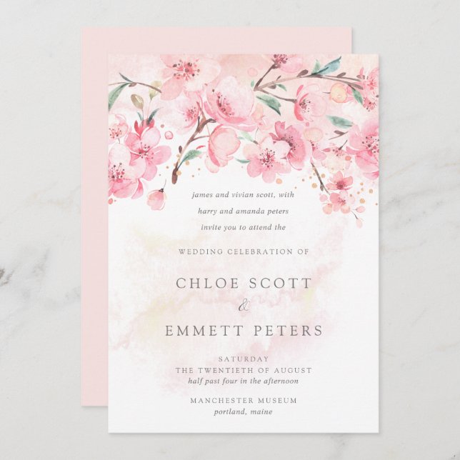 Modern Minimalist Pink Cherry Blossom Wedding Invi Invitation (Front/Back)