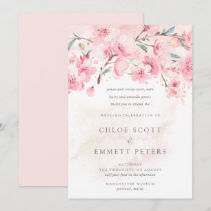 Modern Minimalist Pink Cherry Blossom Wedding Invi Invitation
