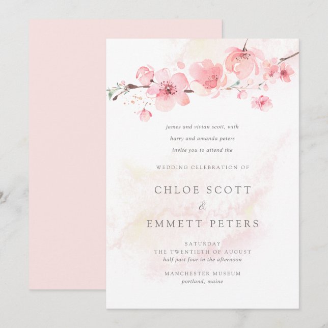 Modern Minimalist Pink Cherry Blossom Wedding Invitation (Front/Back)