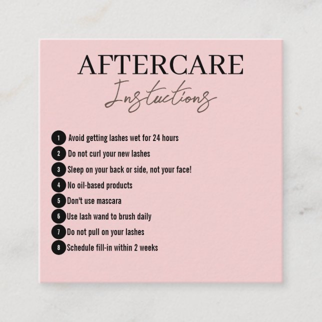 Modern Minimalist Pink Eyelashes Aftercare Card  (Front)
