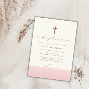 Modern Minimalist Pink Gold Cross Baptism Invitation