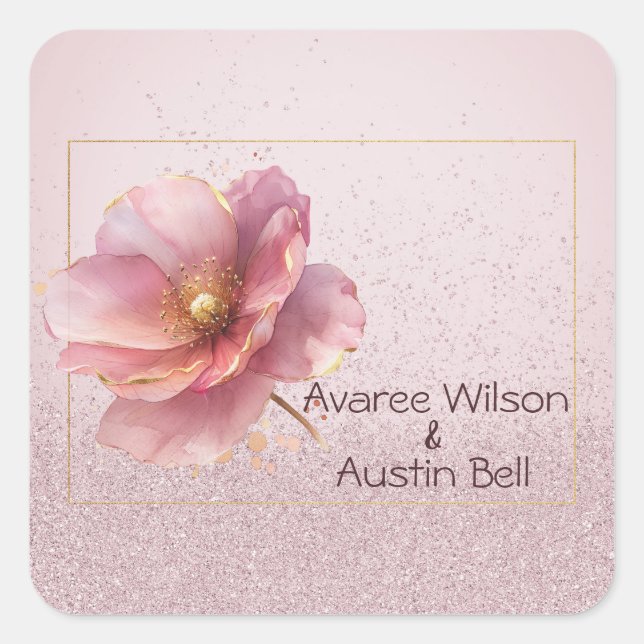 Modern Minimalist Pink Gold Wedding Square Sticker (Front)