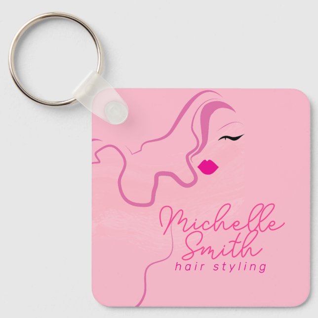 Modern minimalist pink hair styling wavy QR Key Ring (Front)