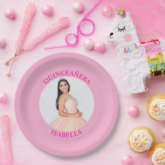 Modern Minimalist Pink Quinceañera Photo Paper Plate (Party)