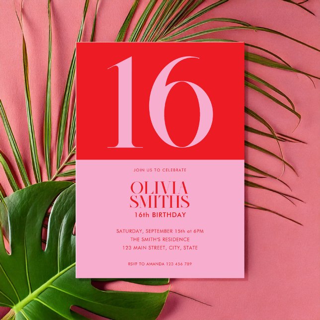 Modern Minimalist Pink Red 16th Birthday Invitation (Creator Uploaded)