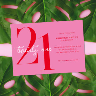 Modern Minimalist Pink Red 21st Birthday Invitation