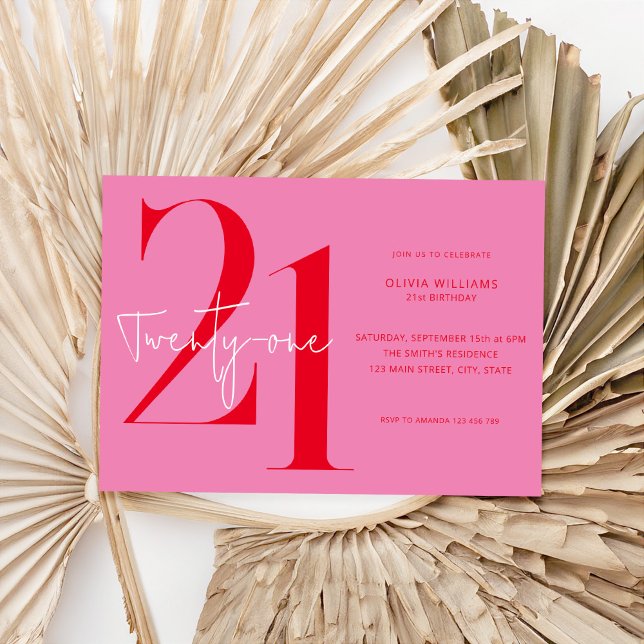 Modern Minimalist Pink Red 21st Birthday Invitation (Creator Uploaded)