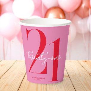 Modern Minimalist Pink Red 21st Birthday Paper Cups