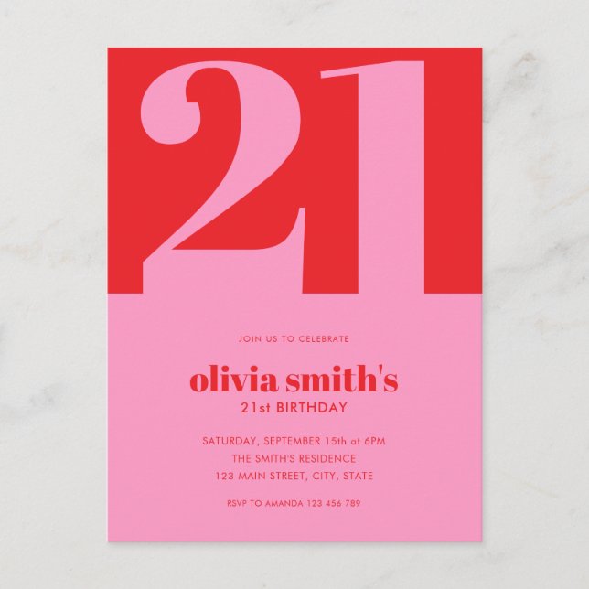 Modern Minimalist Pink Red 21st Birthday Postcard (Front)