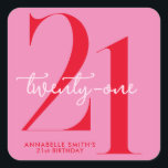 Modern Minimalist Pink Red 21st Birthday Square Sticker<br><div class="desc">Modern minimalist 21st birthday stickers featuring simple design with chic typography and elegant script.</div>