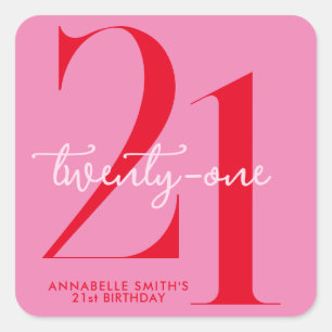 Modern Minimalist Pink Red 21st Birthday Square Sticker