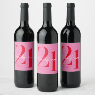 Modern Minimalist Pink Red 21st Birthday Wine Label