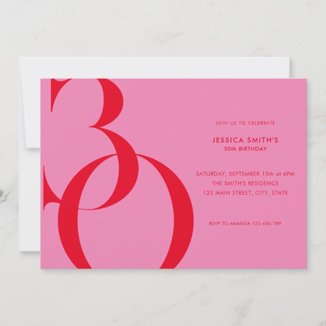 Modern Minimalist Pink Red 30th Birthday Invitation (Front)