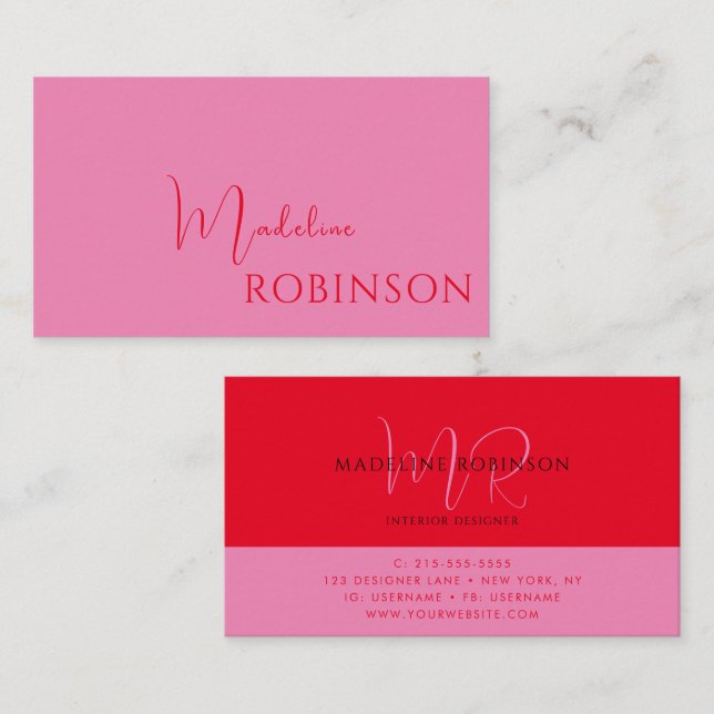 Modern Minimalist Pink Red Script Business Card (Front/Back)