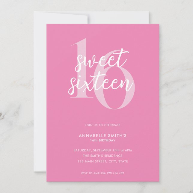 Modern Minimalist Pink Sweet Sixteen 16th Birthday Invitation (Front)