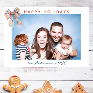 Modern Minimalist Plaid Bow Photo Christmas Holiday Card