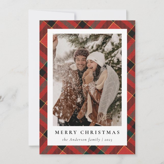 Modern Minimalist Plaid Christmas Family Photo Holiday Card (Front)