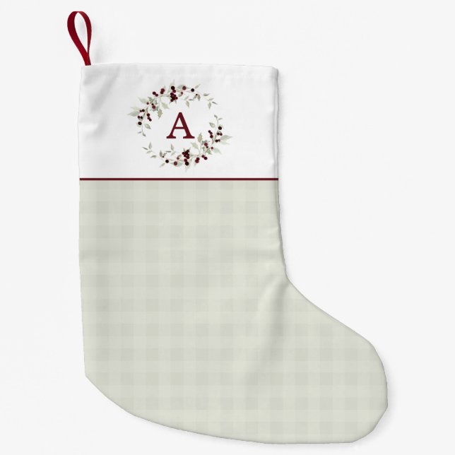 Modern Minimalist Plaid Holly Wreath Monogram Small Christmas Stocking (Front)