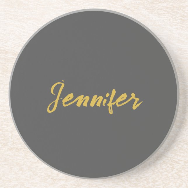 Modern Minimalist Plain Calligraphy Name Grey Gold Coaster (Front)