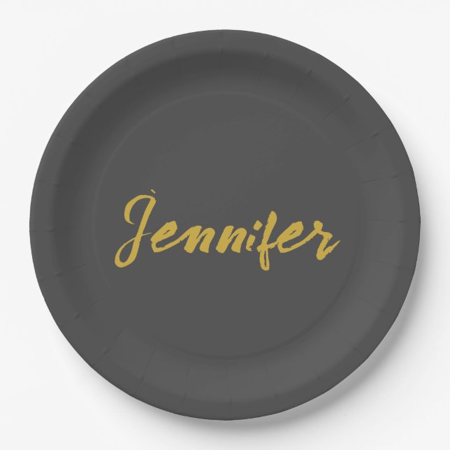 Modern Minimalist Plain Calligraphy Name Grey Gold Paper Plate (Front)